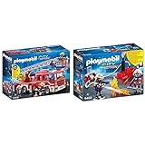 Playmobil City Action 9463 Feuerwehr-Leiterfahrzeug mit Licht und Sound, Ab 5 Jahren & City Action 9468 Feuerwehrmänner mit Löschpumpe, Ab 5 J