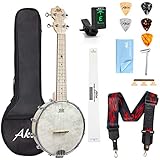 Aklot Banjolele,4 Saiten Banjo-Ukelele 23 Zoll Konzert Remo Trommelkopf, offener Rücken, Ahornkorpus 1:15, Advanced Tuner mit Zwei-Wege-Halsstab,Gigbag Tuner Saitengurt Plek