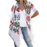 MRULIC Damen Florale Kimono Cardigan Boho Chiffon Sommerkleid Beach Cover up Leicht Tuch für die Sommermonate am Strand oder See (2XL, X-Grau)