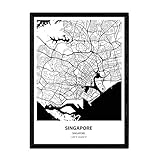 Nacnic Poster mit der Karte von Singapur - Singapur. Asiatische Städte Blätter von mit Meeren und Flüssen in schwarz und weiß. A3
