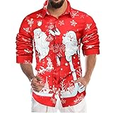 Weihnachtshemd Herren, Dasongff Weihnachten Muster 3D Bedruckte Hemd Freizeithemd Männer Langärm Slim Fit Christmas Shirt Hawaiihemd Stehkragen Lustige Funky Hemden Langarmhemd Lang