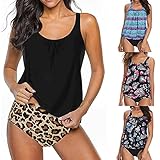 Hengyouhui Damen Zweiteiliger Tankini mit Hotpants, Sportliche Bademode Bedruckt Badeanzug Boho Bikinis Strandbikini Badebekleidung Beachwear Swimsuit Bikinihose Strandkleidung (Schwarz, L)