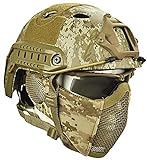 PJ Tactical Quick Helm und Faltbarer Gehörschutz Half-Face Mesh-Maske und Schutzbrille, Dschungel versteckte Camouflage Rollenspiel-CS-Sp