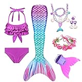 LOBTY Meerjungfrauenschwanz zum Schwimmen mit Meerjungfrau Flosse Mädchen Meerjungfrau Schwanz mit Bikini Set Meerjungfrau Badeanzug und Girlande Stirnband und Jewelry Set Schwimmkostüm fü