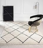 the carpet Bahar Shaggy Hochflor (35 mm) Langflor Wohnzimmer Teppich Rauten Muster Creme-Schwarz 160x230