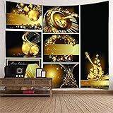 Banemi Wandteppich Psychedelic, Weihnachtskugel mit Uhr Schwarzes Gold Polyester Tapisserie Dekor für Schlafzimmer Wohnzimmer Wohnheim Stil 260X240