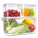elabo Frischhaltedosen für Kühlschrank, 3-teiliges Set, stapelbar, Kühlschrank-Organizer für Schubladen, Körbe mit Deckel und herausnehmbarer Ablaufschale für Gemüse, Beeren, Obst und Gemü