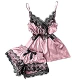 Roselan Sexy Damen Schlafanzug Nachtwäsche Hausanzug Zweiteiliger Satin Ärmellos Band Dessous Spitzenbesatz Satin Cami Top Schlafanzüge Sling Pyjamas S