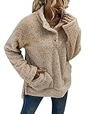 YBENLOVER Pullover Damen Fleece Sweatshirt Teddy Plüsch Hoodie mit Taschen Rollkragen Pulli (L, Khaki)