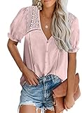 Astylish Damen Bluse V-Ausschnitt Elegant Chiffon Kurzarm Hemd Spitze Aushöhlen Lose Dame Sommer Oberteile Casual Blusen Tops S, R