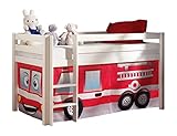 Vipack PICOHSZG1470 Spielbett Pino mit Textilset Feuerwehr, Maße 210 x 114 x 106 cm, Liegefläche 90 x 200 cm, Kiefer massiv weiß lack