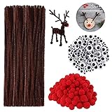 150 Stück Wackelaugen Selbstklebend,150 Stück Rote Pom Poms,150 Stück Pfeifenreiniger Braun,Pfeifenputzer Set,Bastelzubehör Kinder,Chenille Draht,Weihnachten R