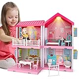 Mini Tudou Traumhaus Puppenhaus Set, Puppenhaus Accessoires und Möbeln, DIY Rollenspiel BAU Spielset mit Puppe und Beleuchtungen, Traum Prinzessin Haus für Toddler, Kinder Junge und M