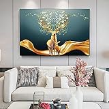 Abstrakte Wandkunst Bunte Tier Poster Print Gold Hirsch Blume Baum VöGel Leinwand Malerei Bilder Wohnzimmer Wohnkultur 60x90cm (24x36in) R