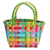 Cabilock Einkaufskorb Tragbar Kunststoff Gewebter Korb Geflochtene Damen Shopper Einkaufstasche Strandtasche Picknickkorb Henkelkorb Tragekorb Gemüse Obst Aufbewahrungskorb mit Kurz Griff Grü