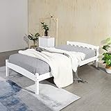 IPOTIUS Weiß Einzelbett Bettgestell Holzbett aus 100% Massivholz mit Kopfteil und Lattenrost, Kinderbett Jugendbett 90 x 190