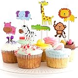 JINMURY 35 Stück süßer Zoo/Dschungel-Themed Tier Kuchendeckel Topper für Kinder Baby Party Geburtstag Party Kuchen Dekoration Supplies Löwe Nilpferd AFFE Elefant Zebra Giraffe Krok