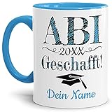 Tasse mit Spruch - Abschluss geschafft Abitur - zum selbst Gestalten mit Wunschname und Abschlussjahr - Geschenk für den Abiabschluss, Henkel & Innen Hellblau 300 ml |