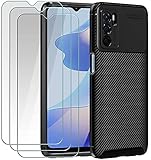 ivoler Hülle für Oppo A16, Handyhülle mit 3 Panzerglas Schutzfolie, Schwarz Stylisch Karbon Design Anti-Kratzer Stoßfest Schutzhülle Cover Weiche TPU Silikon C