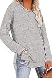 KINGFEN Damen Shirt Pulli Damen Pullover Strick Lang Blusen Damen Winterpullover T-Shirts Longbluse Strickpulli Langer Bluse Damen Langarmshirt Sweatshirts Hellgrau M