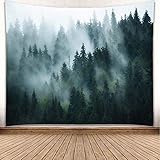 YISURE Wandbehang Nebel Wald Berg Wandkunst Dekor Wandteppich Baum Wald Landschaft Natur Wandteppich für Wohnheimzimmer Wohnzimmer Zuhause Grün 230 x 180