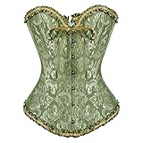 Sweetlover Korsett für Damen, sexy Gothic-Bustier, Schnürung, Satin, Blumenstickerei, Dessous-Top, Korsett mit G-String, grün, 48