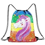 WolinTek Pailletten Rucksack Wende Pailletten Einhorn Turnbeutel Rucksack Mermaid Glitzer Tasche Einhorn Tunnelzug Tasche für Mädchen F