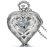 JewelryWe Herren Damen Taschenuhr, Exquisite Engelsflügel Love Herz Uhr Anhänger Analog Quarz Kettenuhr Pullover Halskette Kette mit Digital Zifferb