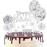 Silber Tortendeko 22 Stück Rose Silber Kuchen Topper Glitter Geburtstag Kuchen Topper Geburtstag Kuchen Deko Torte Topper mit Happy Birthday Topper Sternen Konfetti Luftballons und Pap