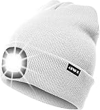 ATNKE LED Beleuchtete Mütze,Wiederaufladbare USB Laufmütze mit Extrem Heller 4 LED Lampe Winter Warme Stirnlampe Geschenke für Herren und Damen/Weiß