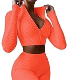 Workout-Outfits für Damen, mit Reißverschluss, langärmelig, bauchfreies Top und hoher Taille, Scrunch Butt Lifting Leggings Sets Trainingsanzug - Orange - S