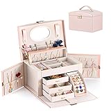 TGDY Schmuckkästchen Damen 4-Schichtige mit Schubladen,Leder Multifunktionale Schmuck Aufbewahrungsbox Schmuckständer High-Definition Spiegel, Schmuckkasten Vitrine Große Kapazität Design R