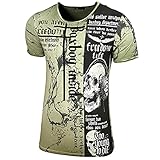 Herren Rundhals Vintage T-Shirt Kurzarm Slim Fit Design Fashion Top Print Shirt B-116, Farbe:Olive, Größe:L