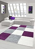 Shaggy Teppich Hochflor Langflor Teppich Wohnzimmer Teppich Gemustert in Karo Design Lila Grau Creme Größe 120x170