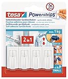 tesa Powerstrips Vario-Gardinenhaken / Selbstklebende Gardinenhaken von tesa - wieder ablösbar und mehrfach verwendbar / Bis 1 kg Belastung / 1 x 4 Stück / Weiß