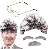 BIQIQI Alter Mann Kostüm Zubehör Grauer Opa Perücke + Schnauzbart + Augenbrauen + Runde Brille, Fasching Karneval Halloween Verkleidung Opa Grandpa Professor kauziger Alter Groß