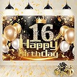 16 Geburtstag Deko, 16 Geburtstag Junge Mädchen Schwarz Gold, Banner 16 Geburtstag, Deko 16. Geburtstag Mädchen, Geburtstagsbanner 16 Schwarz Gold, Stoff Schild Poster Hintergrund zum 16. Geburtstag