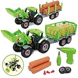 GILOBABY Montage Spielzeug Auto，2 in 1 Bauernhof-Fahrzeuge für Kinder，Traktor Spielzeug mit anhänger ，Ton ung Licht，Geschenke für Kinder ab 3 4 5 6 7 8 J