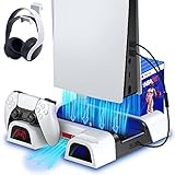 ECCHTPOOWER PS5 Ständer Halterung mit Lüfter für Sony Playstation 5, Vertikaler Standfuß mit Kühlung für PS5/PS5 Digital Edition All-in-one PS5 Kühler mit PS5 Controller Ladestation/Headset Halterung