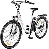 Ebike Elektrofahrrad, 26 Zoll E Bike Damen Herren, E Fahrrad Elektrofahrräder mit Abnehmbarer 36V 8Ah Batterie, Shimano 7 Gang Damenfahrrad Citybike (Weiß)