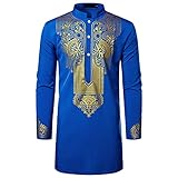 QWERD Männer Muslimische Bronzedruck-T-Shirts Arabisch Islamische Afrikanisches Dashiki-Hemd Stand-Kragen Langarm-Knöpfe Hemden Robe Herren Lange Hemd Afrika Drucken Langarmshirts T-Shirt Bluse Top