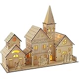 WeRChristmas Dorf aus Holz mit Kirche, 28 cm, beleuchtet, Weihnachtsdekoration, mit 4 Warm-weißen LED-L