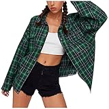 Hemdjacke Damen Lang Plaid V-Ausschnitt Oberteile Basic Bluse Loose Langarmshirt Urban Style Freizeithemd Shirt Hemd Bluse Female Teenager Mädchen Casual Karierte Jack