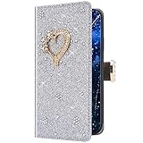 Uposao Kompatibel mit iPhone 5S / iPhone SE Hülle Glänzend Bling Strass Diamant Liebe Herzen Leder Handyhülle Schutzhülle Flip Wallet Case Brieftasche Klapphülle Magnet Kartenfach,Silb