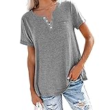 NPRODLO Damen Crop Tops Übergröße Kurzarm V-Ausschnitt Knopf unten Elegant Basic Schlanke Passform T-shirt Bluse für Sommer Frauen Lässig Mode Baumwolle Leinen Einfarbig Tunika Hemden Shirt mit T