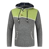 Yowablo Pullover Herren Farbblock Knopf Pullover Lässig Mit Kapuze Gestrickt Mit Tasche (XL,11Grün)