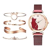 Harilla 5 Stück/Set Damenuhren Armband Set Katzenmuster Magnet Uhr Damen Armband - rot, 28