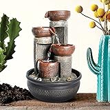 WATURE 40cm Wasserbrunnen Zimmerbrunnen – 4-Schritt Entspannung Wasserfall Feature mit LED-Lich für Büro, Schalen Design Raum Dekoration Feng Shui Tischplatte Brunnen für drinnen und drauß