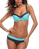 KISSLACE Damen Reizvoller Zweiteilige Bikini Set Push Up Gepolstert Cups Mit Bügel Bandeau Badeanzug Bademode Monokini Blau XL=EU40