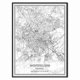Montpellier Frankreich Karte Wandkunst Leinwand drucken Poster Artwork ungerahmt moderne Schwarz-Weiß-Karte Souvenir Geschenk Home D
